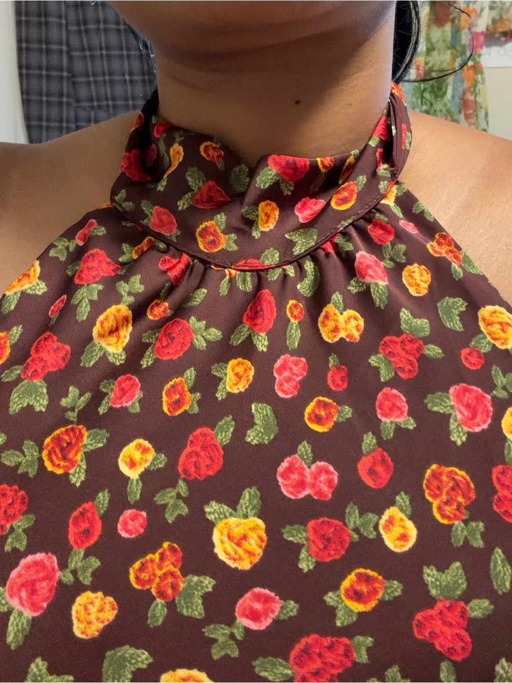 Floral Halter Neck Women's Top - Brown with Red & Yellow Roses